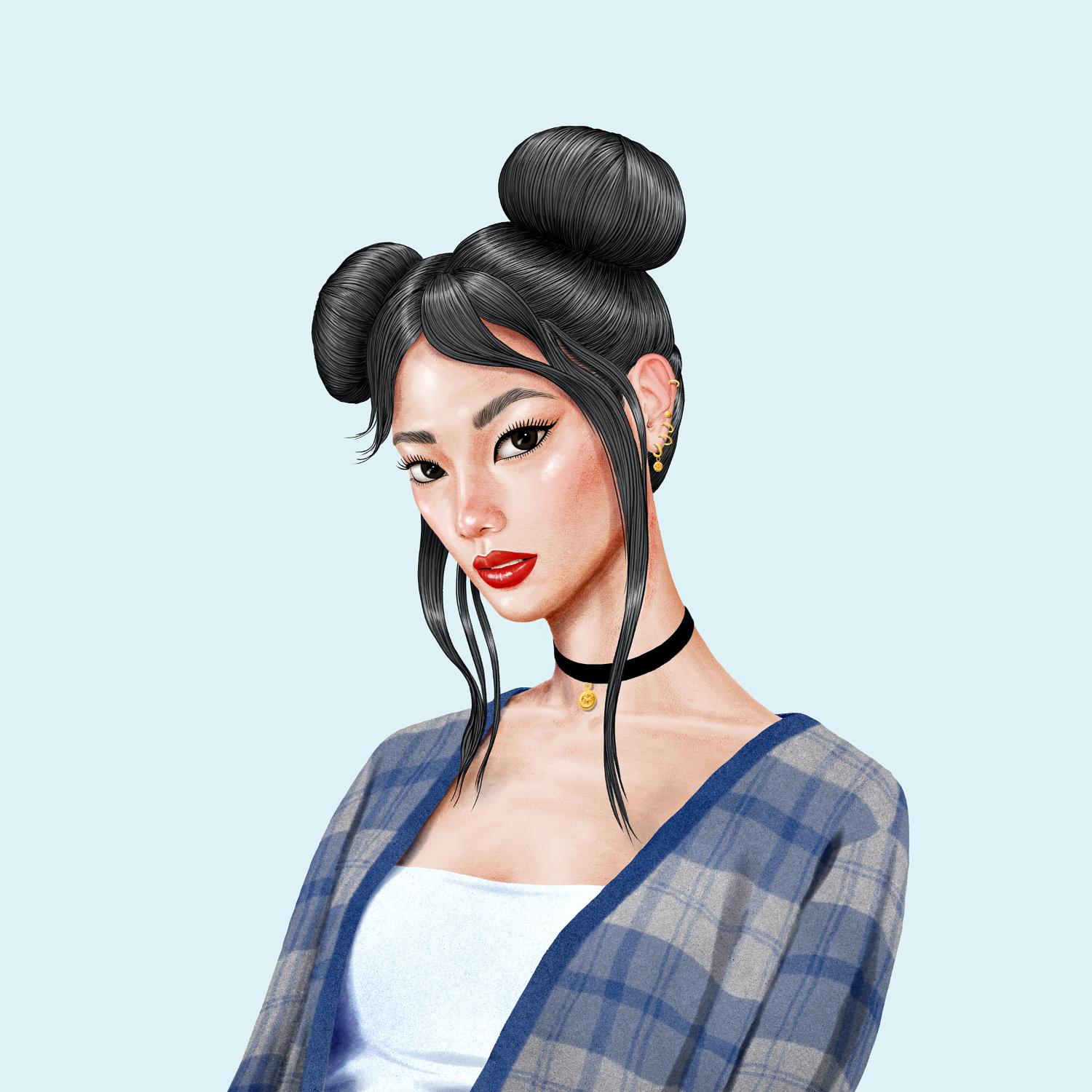 Illustration of a model with a 90's space buns inspired haircut